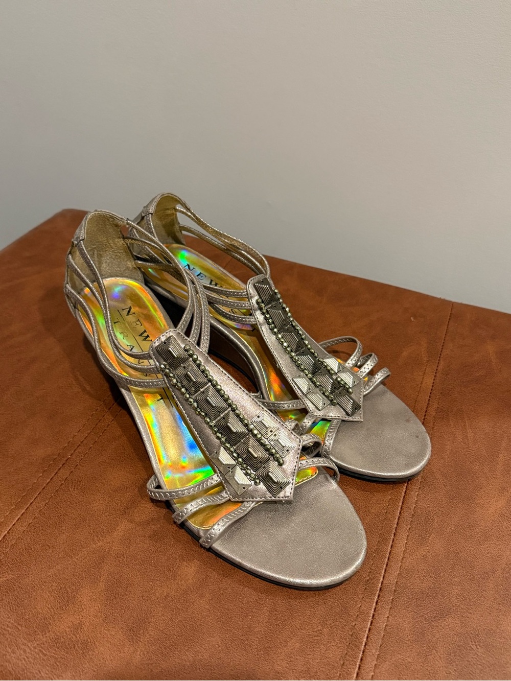 New York Transit Silver Embellished T-Strap Sandals